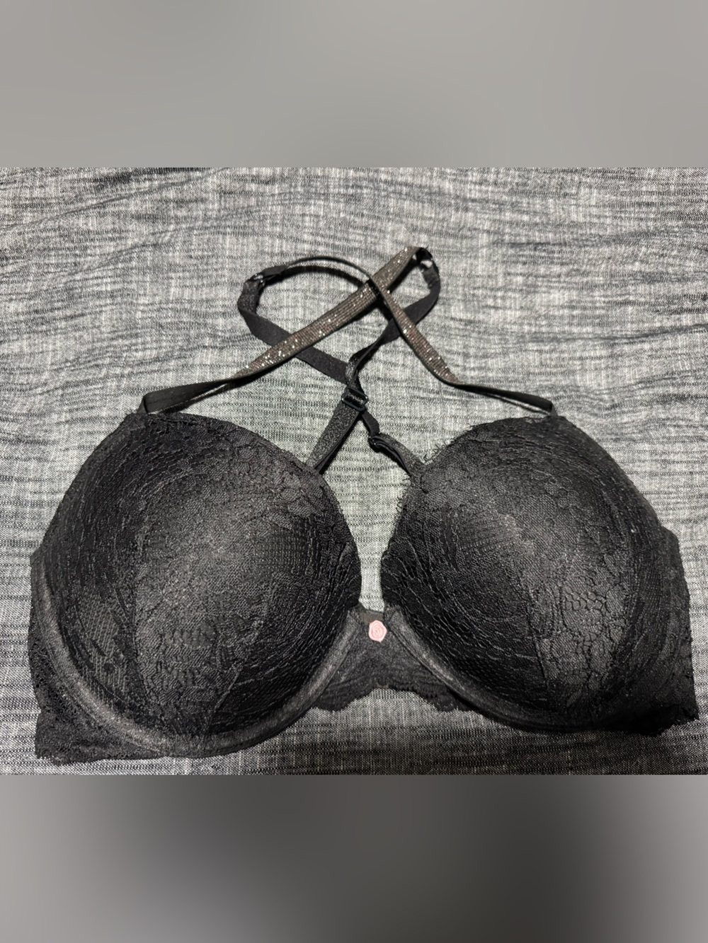 Black Lace Push-Up Bra with diamond moveable Straps